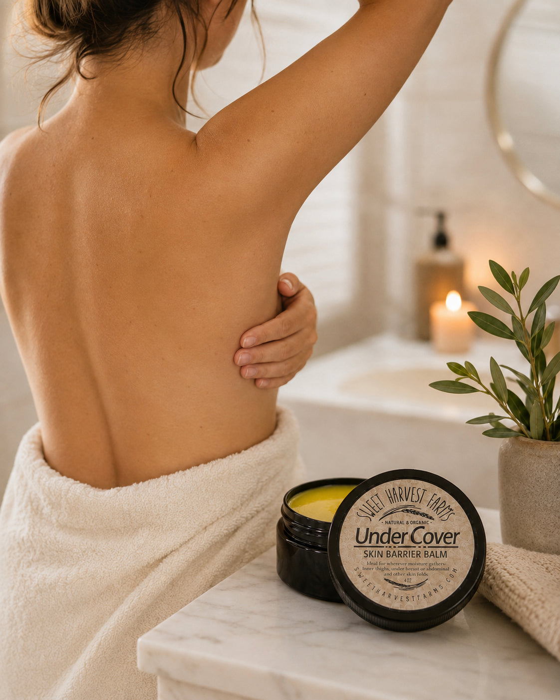 Undercover moisture barrier balm for skin fungal and chaffing under breast, or abdominal skin folds and thighs