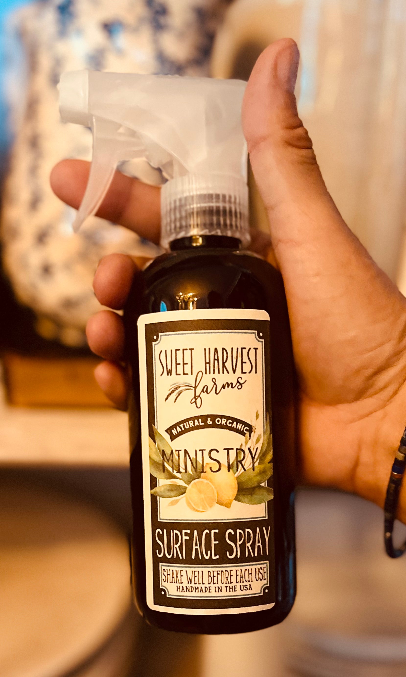 Our Ministry Oil is our reformulation of Thieves Oil. Sweet Harvest Farms Thieves oil is uncut and has an amazing aroma! Better than Thieves oil our formulation using organic oil can stop the norovirus in its tracts! Sweet Harvest Farms organic handmade Surface Spray is great for cleaning and disinfecting counters, door knobs and other touch points