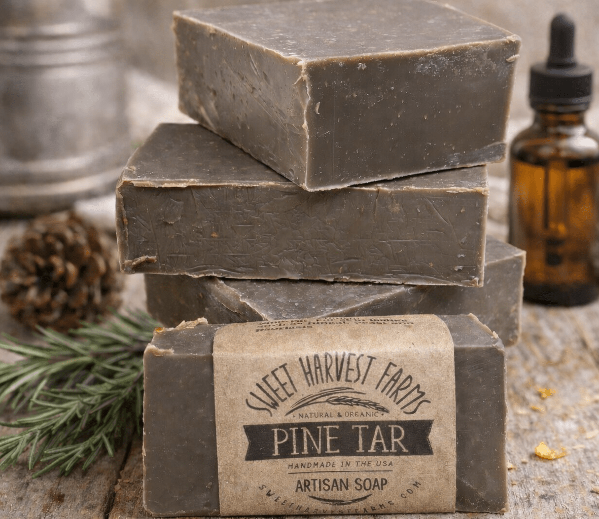 Pine Tar Organic Handmade Soap - The Original - Creosote FREE - Psoriasis, Yeast and Fungal Skin issues - Sweet Harvest FarmsOrganic Handmade SoapSweet Harvest Farms