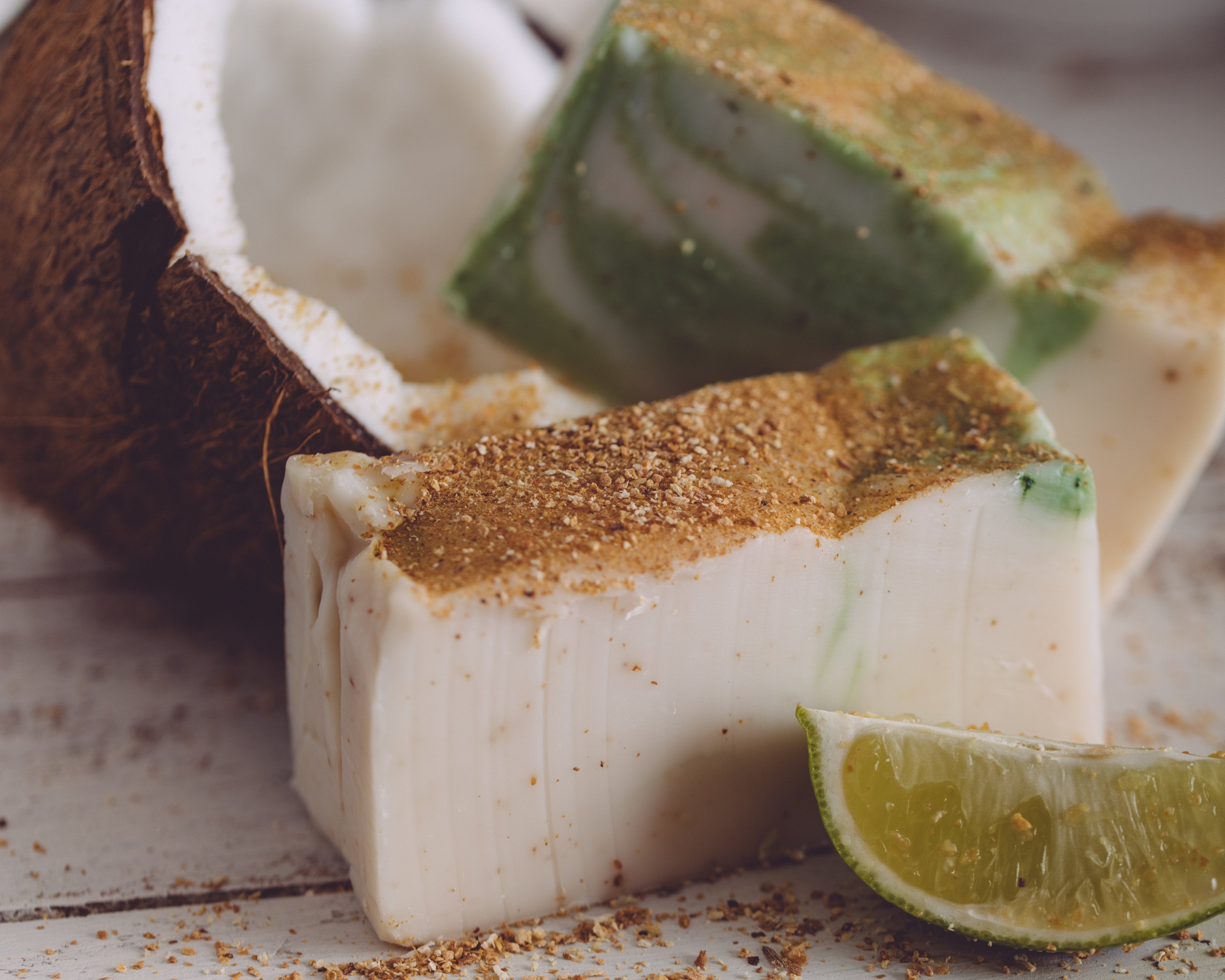 Lime in de Coconut Organic Handmade Soap. Always made from scratch. This handmade organic soap will last 8-10 weeks in the shower. We also offer our wholesale organic soap