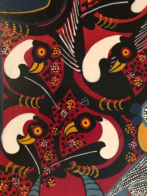 Tinga Tinga African Art handsigned by A. Hassini. This painting is by A Hassini original and one of a kind painting on heavy cloth. Painted in the 1970’s the colors are still vibrant. This piece of African Art is a very large piece