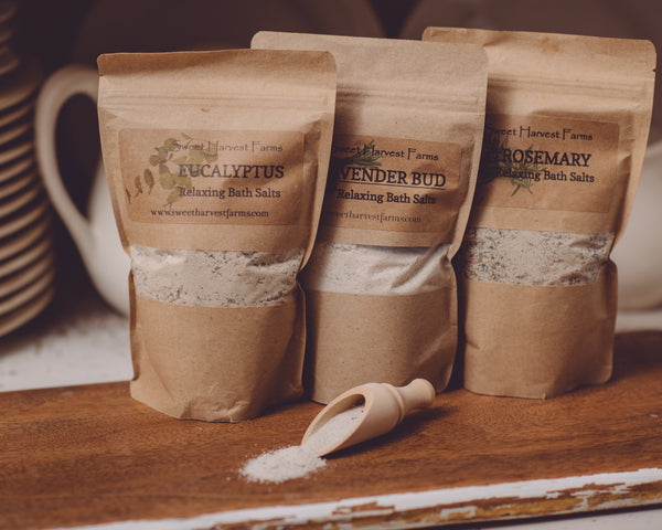 Sweet Harvest Farms all Natural Theraputic Bath Salts are made with organic salts and bentonite clay that help detox while you relax. BAth Salts are a wonderful way to release stressers that may occur during your day and soaking our bath salts can certainly help with that.