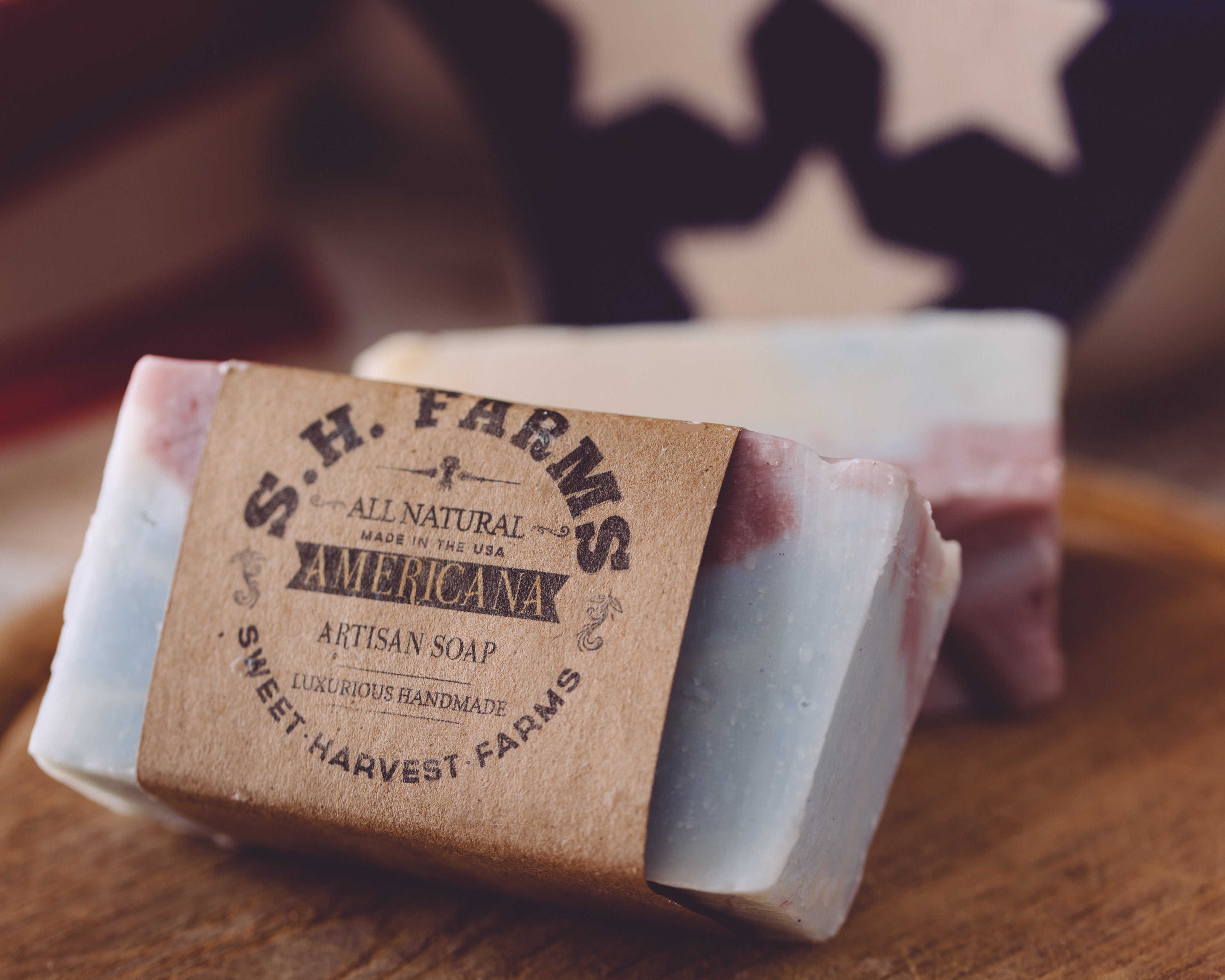 Sweet Harvest Farms Americana Organic Handmade Soap is all natural and made from scratch. This organic soap will last 8-10 weeks in the shower. Made in the USA, we also offer our wholesale organic soap 
