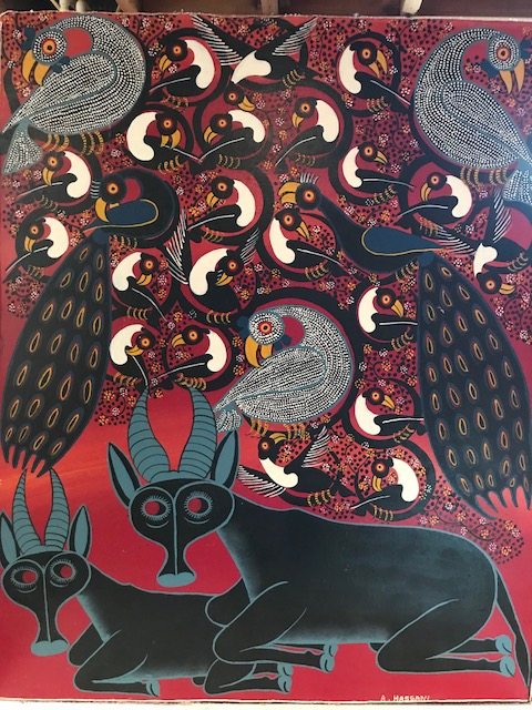 Tinga Tinga African Art handsigned by A. Hassini. This painting is by A Hassini original and one of a kind painting on heavy cloth. Painted in the 1970’s the colors are still vibrant. This piece of African Art is stunning!