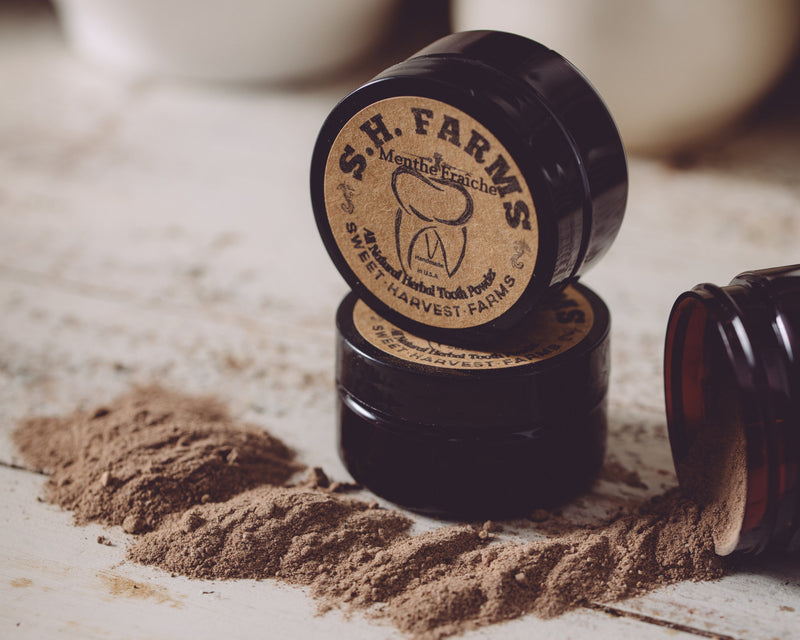 Organic Tooth Powder - Fluoride FREE! Sage to help whiten and bntonite clay to detox, this is all you will need to keep your teeth white and gums healthy! Sweet Harvest Farsm tooth powder is all you need for a clean and healthy smile!